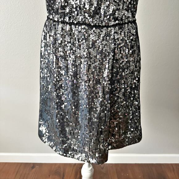 Elie Tahari Silver Sequin Black Mesh Mini Blouson Dress women's size small - Picture 13 of 14
